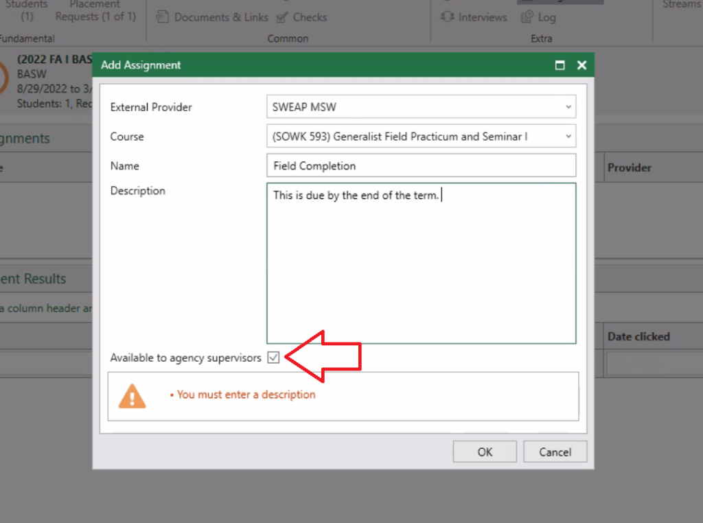 Filled out assignment screen with arrow pointing out field instructors