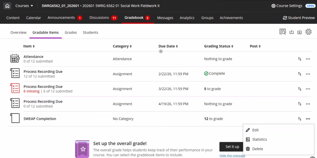 Showing new gradebook entry